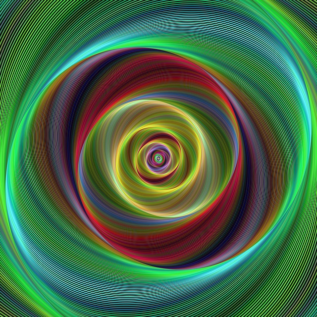 A spiral of green, red and yellow.